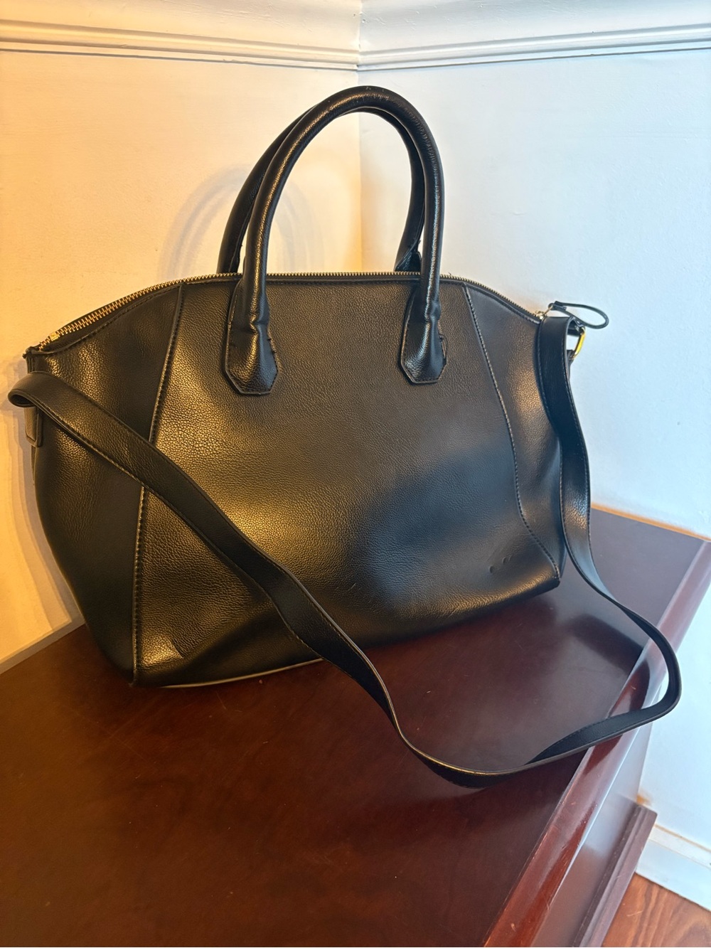 Old Navy Classic Black Leather Satchel Handbag with Shoulder Strap